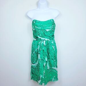 NWT Milly Silk Strapless Dress. Green & White 0#012